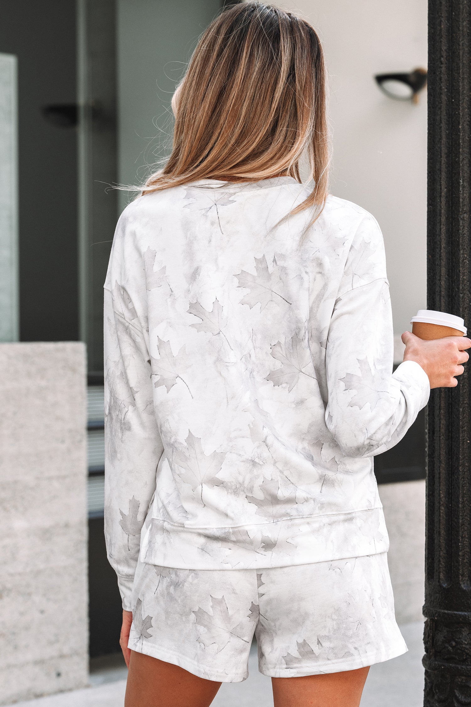 Beige Maple Camo Print Pullover Top and Elastic Waist Casual Short Set