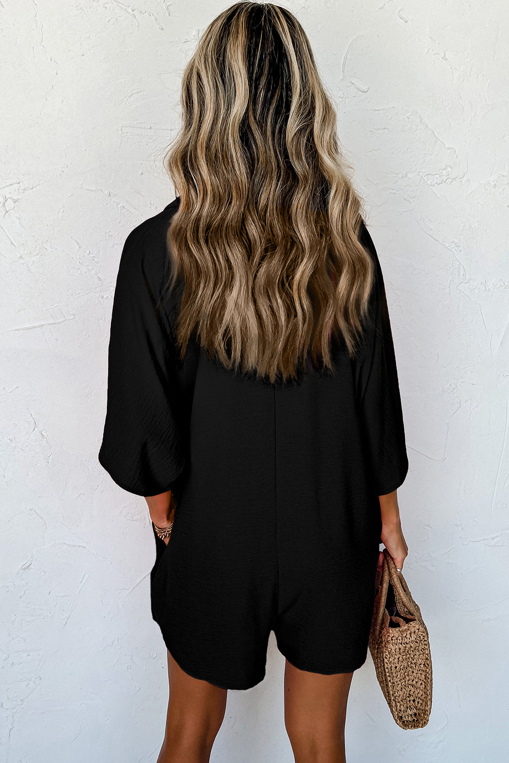 Black Half Button Collared Loose Romper (Plus)