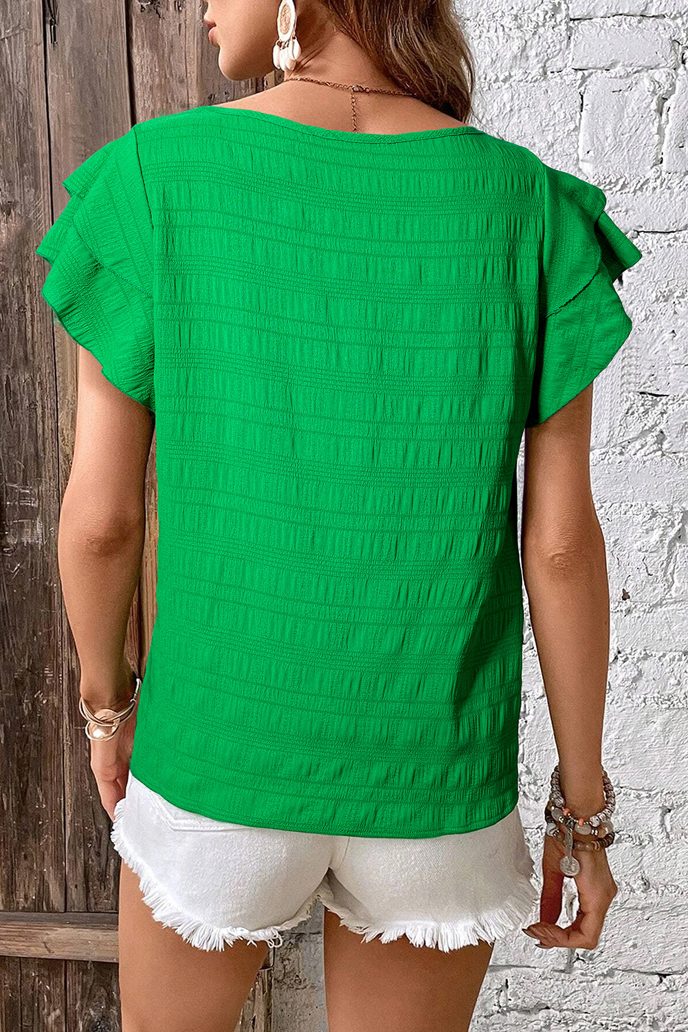 Dark Green Textured Ruffled Sleeve Round Neck Top