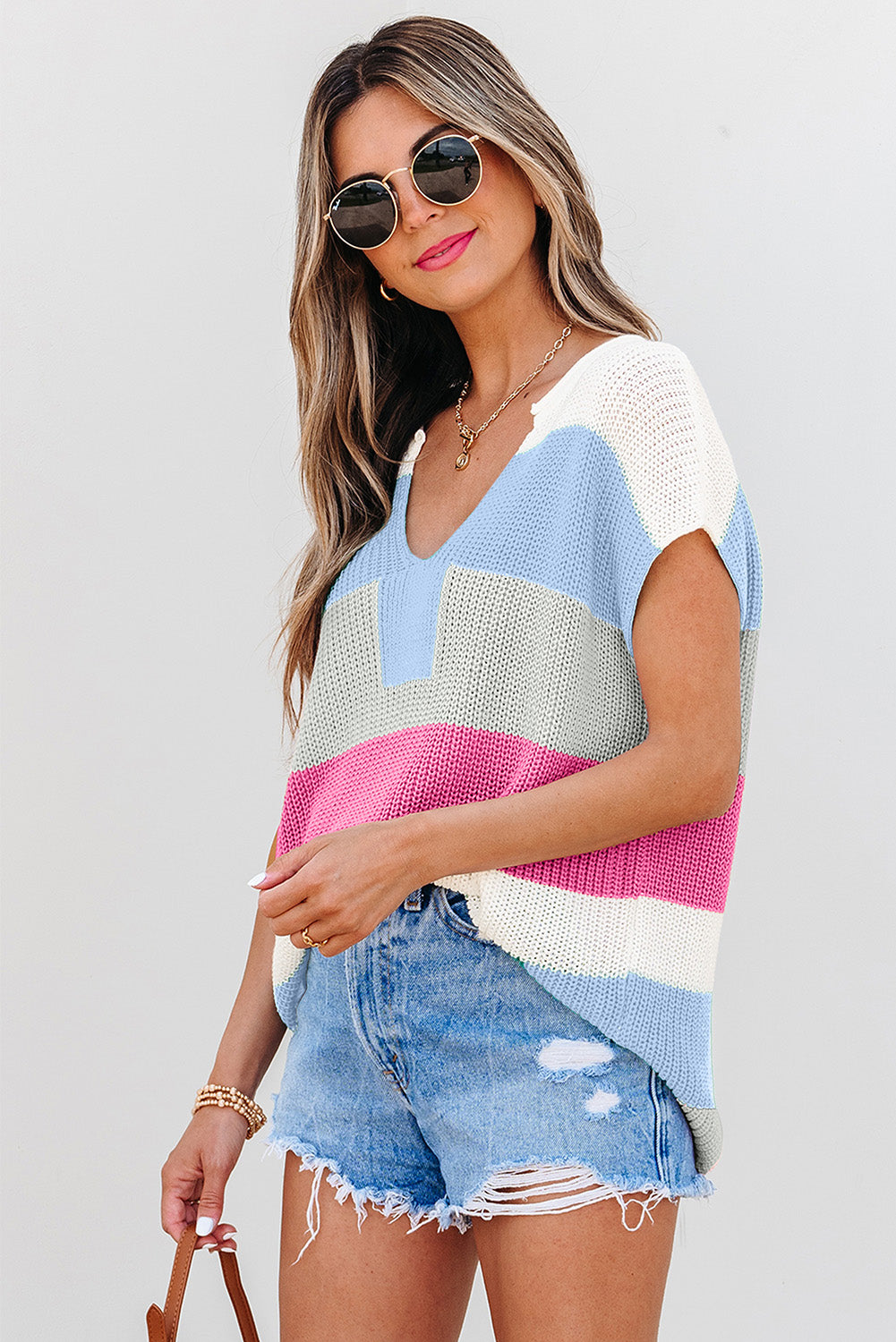 Light Blue Color Block Notch V Neck Sweater T Shirt