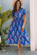Sky Blue Floral Puff Short Sleeve V Neck High Waist Maxi Dress