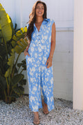 Myosotis Floral Print Half Button Wide Leg Relaxed Sleeveless Jumpsuit