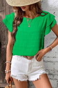 Dark Green Textured Ruffled Sleeve Round Neck Top