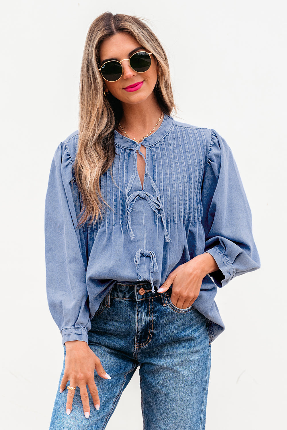 Myosotis Denim Front Pintuck Bow Tie Puff Sleeve Top