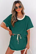 Evergreen Colorblock Edge Drop Shoulder T Shirt and Skort 2Pcs Set