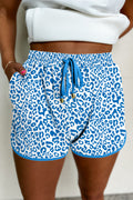 Blue Leopard Elastic Waistband Lace up Contrast Trim Casual Shorts